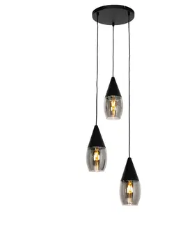 Zavesne lampy Moderné závesné svietidlo čierne s dymovým sklom 3-svetlo - Drop