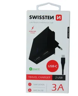 Nabíjačky pre mobilné telefóny Rýchlonabíjačka Swissten Smart IC 3.A s 2 USB konektormi a dátový kábel USB / USB-C 1,2 m, čierna 22044000