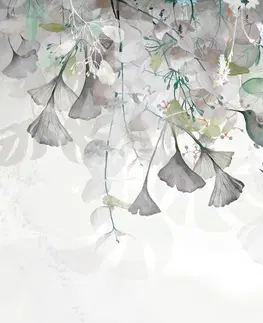 Samolepiace tapety Samolepiaca tapeta listy s kolibríkmi v šedo-zelenom