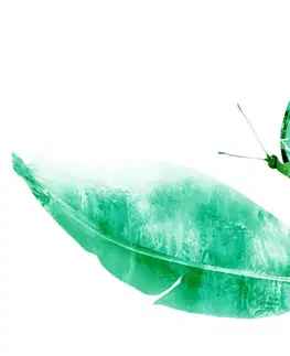 Tapety s imitáciou malieb Tapeta pierko s motýľom v zelenom prevedení