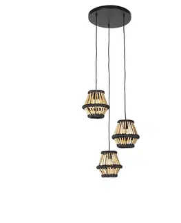 Zavesne lampy Orientálne závesné svietidlo bambusové s čiernym okrúhlym 3-svetlom - Evalin