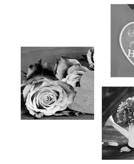 Zostavy obrazov Set obrazov čiernobiele kvetiny s nápisom Home