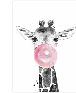 Obrazy do detskej izby Obraz na stenu - Žirafa s ružovou bublinou