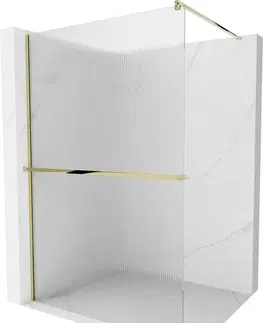 Sprchové dvere MEXEN/S - Kioto+ Sprchová zástena WALK-IN s poličkou a držiakom uterákov 90 x 200, prúžky 8 mm, zlatá 800-090-121-50-09