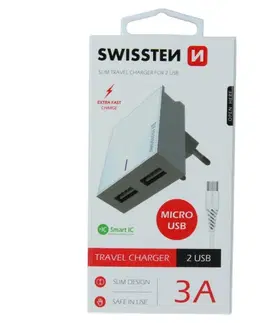 Nabíjačky pre mobilné telefóny Rýchlonabíjačka Swissten Smart IC 3.A s 2 USB konektormi a dátový kábel USB  Micro USB 1,2 m, biela 22041000