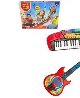 Hudobné hračky MADE - Súprava 3 v 1 elektronické piáno, 37 kláves, gitara, mikrofón