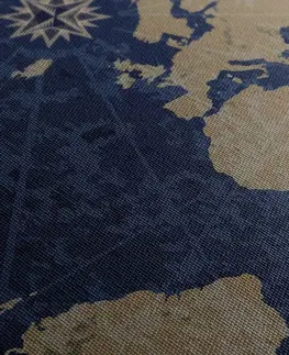 Obrazy mapy Obraz mapa sveta s kompasom v retro štýle na modrom pozadí