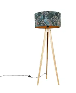 Stojace lampy Moderná stojanová lampa z dreveného textilného tienidla páv 50 cm - statív Classic
