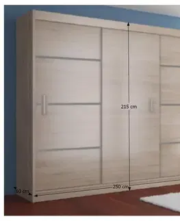 Šatníkové skrine KONDELA Merina 250 3D šatníková skriňa s posuvnými dverami dub sonoma / sivá