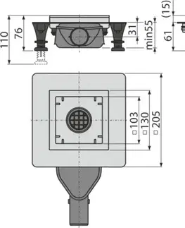 Sprchovacie kúty Alcadrain Podlahový vpust nerezový extra-nízky 130×130 mm bočný, bez mriežky, Kombinovaná zápachová uzávera SMART APV110 APV110