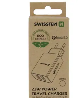 Nabíjačky pre mobilné telefóny Nabíjačka Swissten 2 x USB QC 3.0 a USB 23 W, biela, eco balenie 22060100ECO