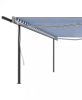 Záhradné markízy Ručne zaťahovacia markíza so stĺpikmi 400x350 cm Dekorhome Biela / modrá