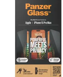 Ochranné fólie pre mobilné telefóny Ochranné sklo PanzerGlass UWF Privacy s aplikátorom pre Apple iPhone 15 Pro Max, čierna P2812