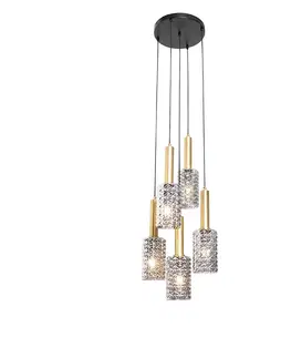 Zavesne lampy Závesné svietidlo bronzové s dymovým sklom okrúhle 5 svetiel - Elva