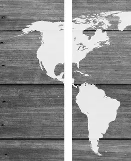 Obrazy mapy 5-dielny obraz čiernobiela mapa sveta s dreveným pozadím