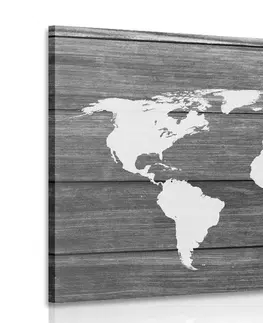 Obrazy mapy Obraz čiernobiela mapa sveta s dreveným pozadím