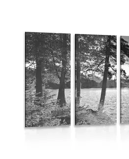Čiernobiele obrazy 5-dielny obraz západ slnka nad jazerom v čiernobielom prevedení