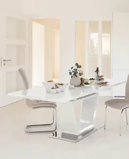 Jedálenské stoly Jedálenský stôl, rozkladací, biela extra vysoký lesk/oceľ, 160-220x90 cm, PERAK