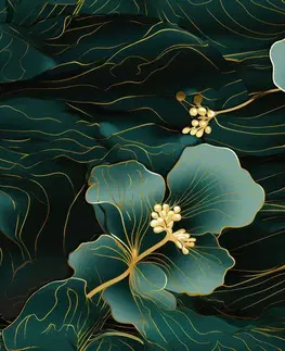Tapety kvety Tapeta luxusný zeleno-zlatý kvet