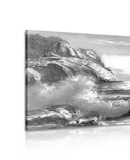 Čiernobiele obrazy Obraz morské vlny na pobreží v čiernobielom prevedení