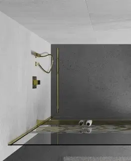 Sprchové dvere MEXEN/S - KIOTO Sprchová zástena WALK-IN s poličkou a držiakom uterákov 80 x 200, transparent/bialy vzór 8 mm, zlatá 800-080-121-50-85