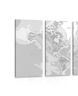 Obrazy mapy 5-dielny obraz klasická mapa sveta v čiernobielom prevedení