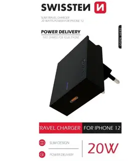 Nabíjačky pre mobilné telefóny Rýchlonabíjačka Swissten Power Delivery 20 W s 1x USB-C pre iPhone 12, čierna 22050500