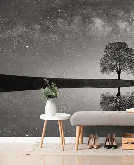 Čiernobiele tapety Fototapeta čiernobiela hviezdna obloha nad osamelým stromom