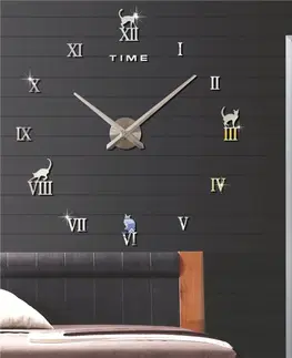 Hodiny 3D Nalepovacie hodiny DIY Clock Cat Time, strieborné 70-120cm