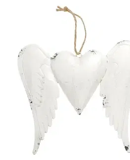 Vianočné dekorácie Krídla so srdiečkom, kovová dekorácia na zavesenie, farba biela antik