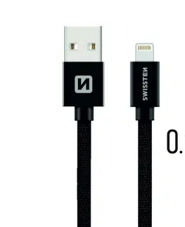 USB káble Dátový kábel Swissten textilný s Lightning konektorom a podporou rýchlonabíjania, Black 71523101