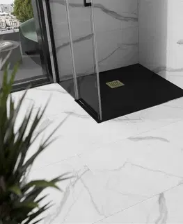 Vane MEXEN/S - Stone+ štvorcová sprchová vanička 100 x 100, čierna, mriežka zlatá 44701010-G