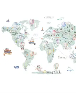 Nálepky na stenu Nálepka na stenu mapa sveta - Balóny a dopravné prostriedky