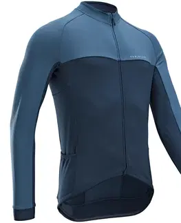 dresy Pánsky dres RC 100 na cestnú cyklistiku s dlhým rukávom sivo-modrý