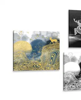 Zostavy obrazov Set obrazov rozprávkové jelene v abstraktnom prevedení