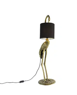 Stojace lampy Vintage stojaca lampa z mosadze, tienidlo čierne - Crane bird