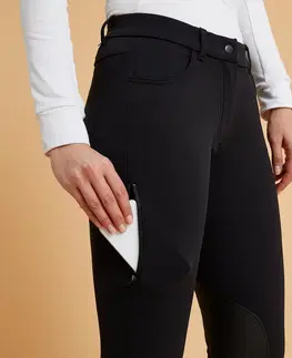 nohavice Dámske jazdecké nohavice 500 s adhezívnymi nášivkami čierne