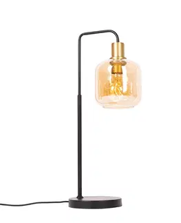 Stolove lampy Dizajnová stolná lampa čierna s mosadzou a jantárovým sklom - Zuzanna