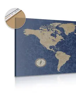 Obrazy na korku Obraz na korku mapa sveta s kompasom v retro štýle na modrom pozadí