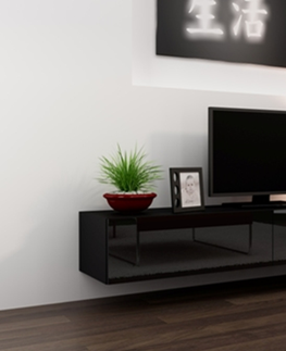 TV stolíky CAMA MEBLE Vigo 180 tv stolík na stenu čierna / čierny lesk