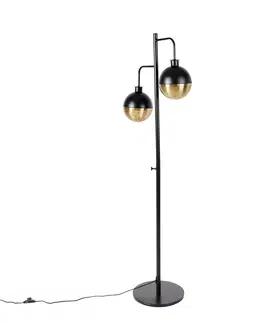 Stojace lampy Priemyselná stojaca lampa čierna s mosadzným 2-svetlom - Haicha