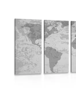 Obrazy mapy 5-dielny obraz stará mapa sveta s kompasom v čiernobielom prevedení