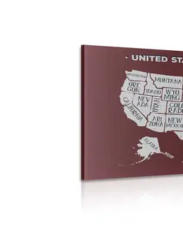 Obrazy mapy Obraz náučná mapa USA s bordovým pozadím