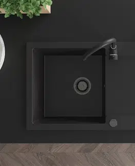 Kuchynské drezy MEXEN/S MEXEN/S - Leo granitový drez 1-miska s odkvapkávačom 900 x 500 mm, čierny, čierny sifón 6501901010-77-B