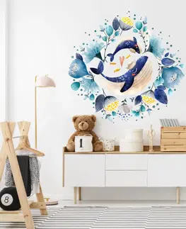 Nálepky na stenu Akvarelová nálepka na stenu - Veľrybky s kvetmi