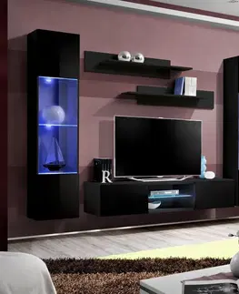 Podkrovný nábytok Obývacia stena Fly O3+Sklo čierna + LED