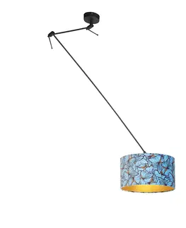 Zavesne lampy Závesná lampa s velúrovými odtieňmi motýľov so zlatom 35 cm - Blitz I čierna