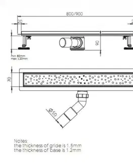 Sprchovacie kúty AQUALINE - BUCANERA podlahový žľab z nerezové oceli s roštom, L-800, DN50 NO3180