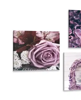 Zostavy obrazov Set obrazov nádherné fialové kvetiny so srdiečkom
