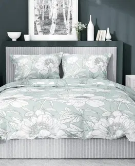 Posteľná bielizeň Súprava 1+1 posteľnej bavlnenej obliečky, Biele kvety na zelenom